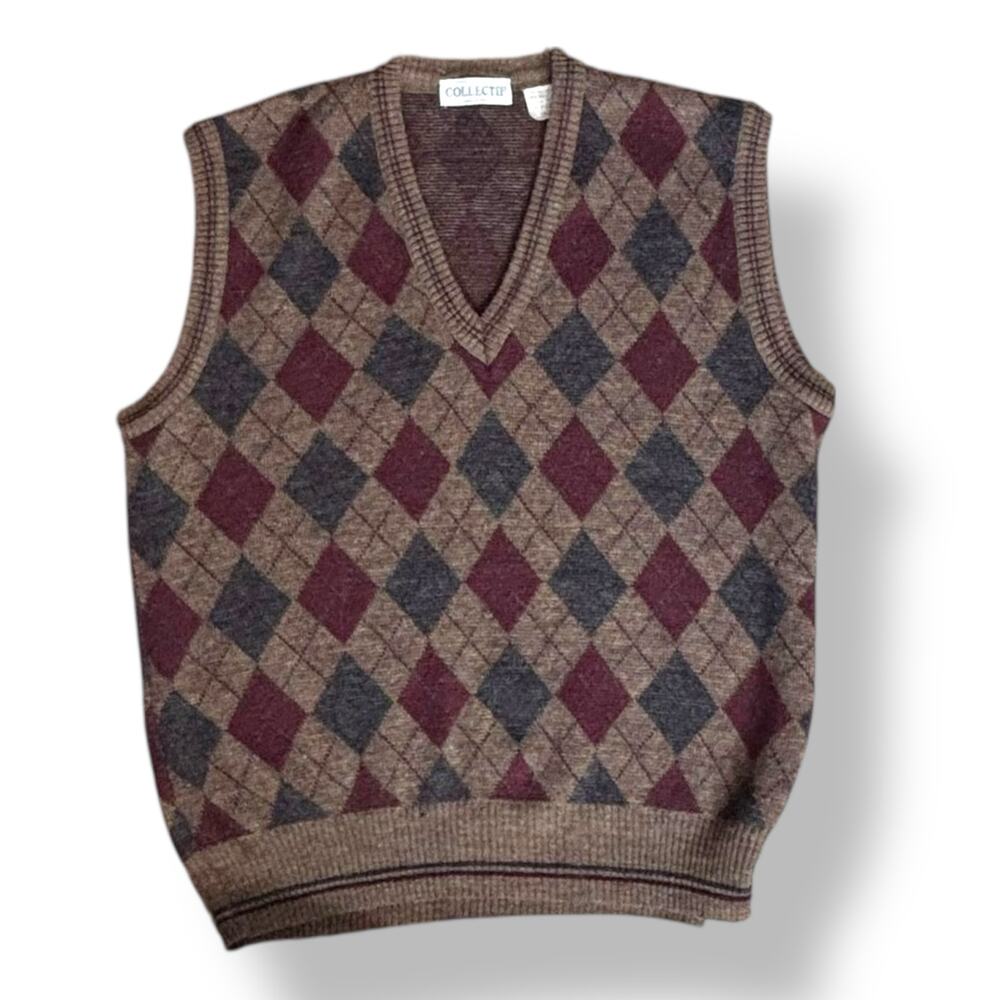 Vintage 90s Argyle Knit Sweater Vest Tan Wool Blend Unisex Large Preppy Academia